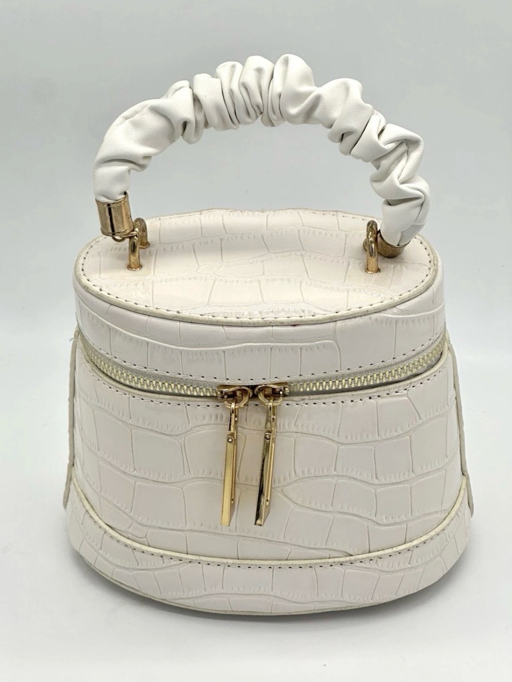 Cream Croc-Embossed Mini Top-Handle Bag with Gold Hardware Ruched Handle